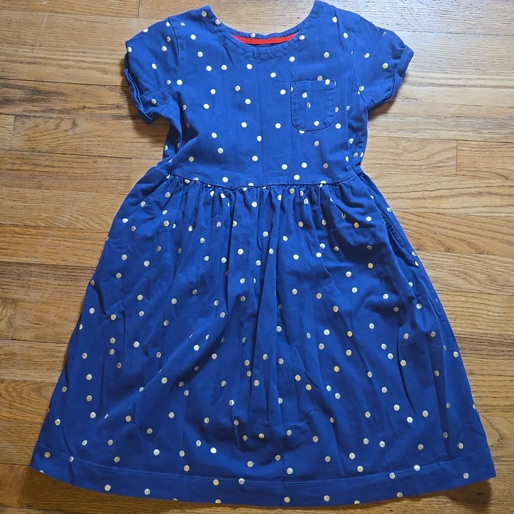 Mini Boden blue metallic gold polka dot short sleeve dress, 11-12Y